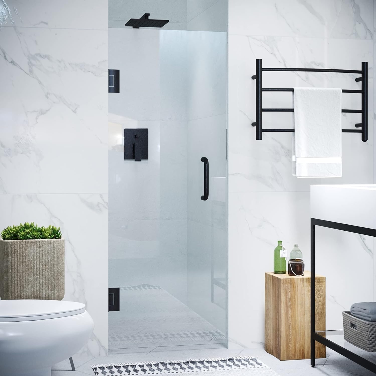 Modern Glass and Metal Semi-Frameless Pivot Shower Door with Tempered Glass by GDFStudio
