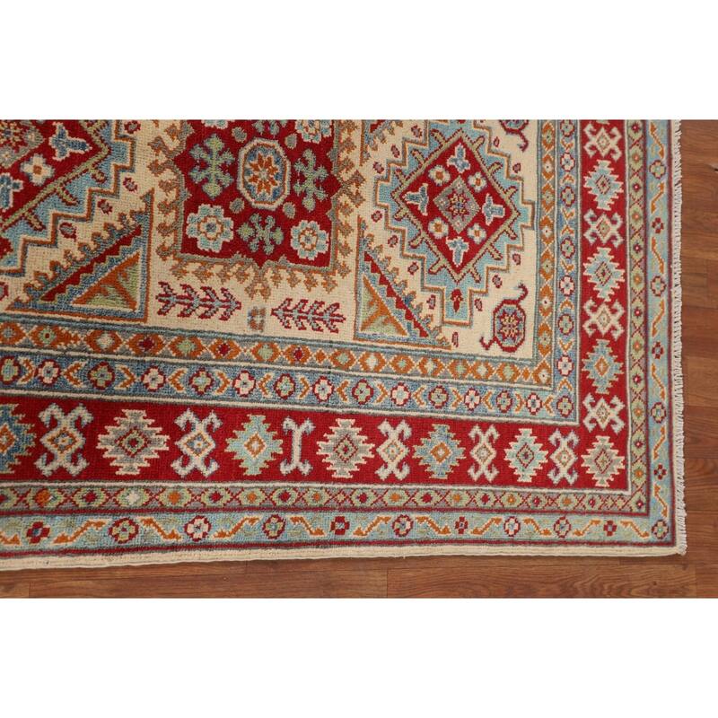 Geometric Beige Kazak Accent Rug Hand-Knotted Oriental Wool Carpet - 3'4" x 4'9"