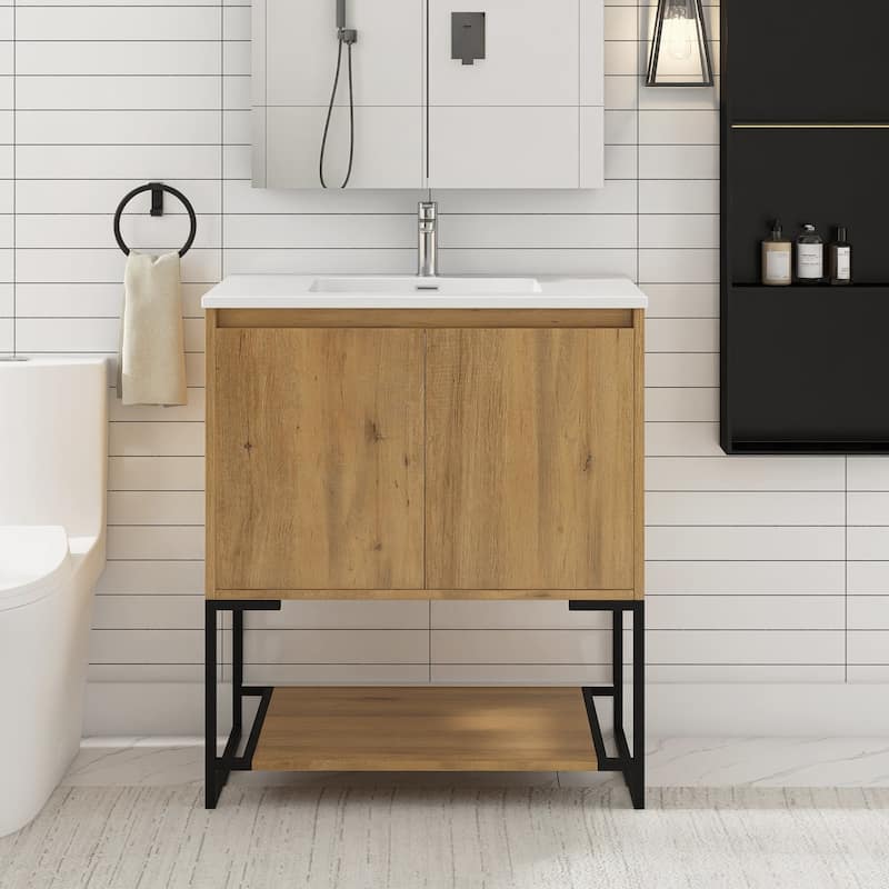 Freestanding Bathroom Vanity Set in Oak with Integrated Solid Surface Sink - 30" x 19" - Oak