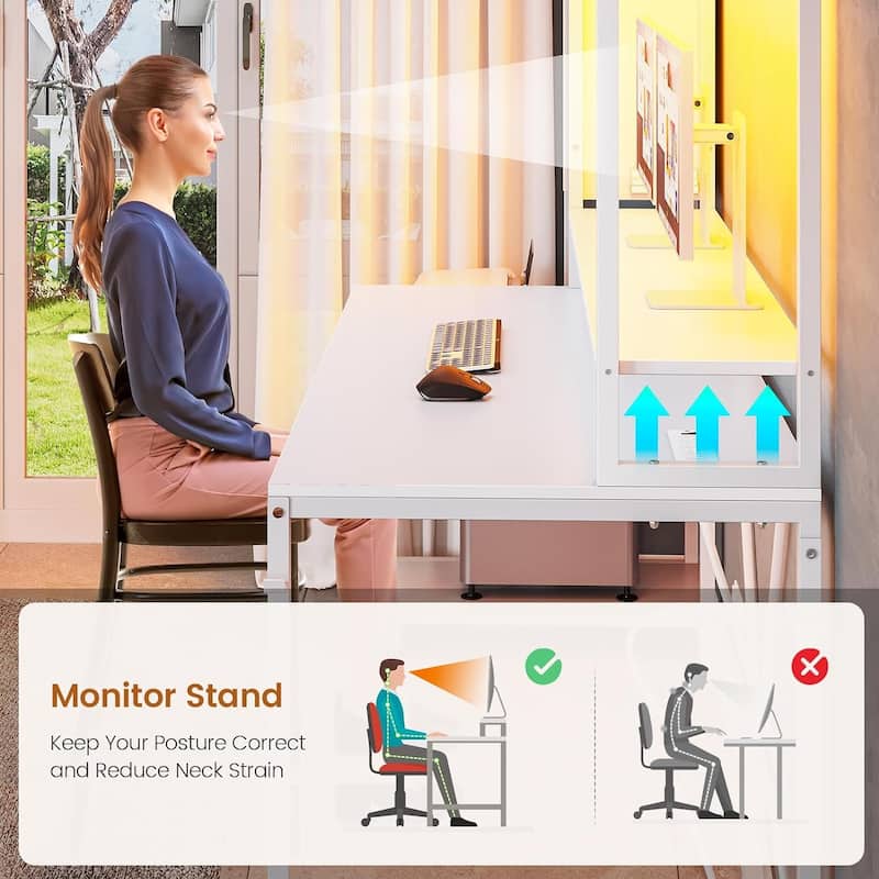 Gaming Desk LED Lights Hutch and Storage Shelves Glass Display Cabinet