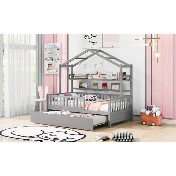 slide 2 of 27, Twin House Bed with Trundle & Shelf - Adorable and Practical Design Grey