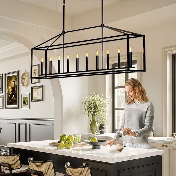 10 Light Black Rectangular Chandelier Modern Dining Room Light Fixture 78.7x14.8 in