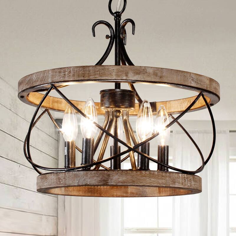 Oaks Aura Farmhouse 5-Light Cage Rustic Chandelier, Adjustable Height Industrial Pendant Ceiling Light for Kitchen Dining Room - Weathered Wood
