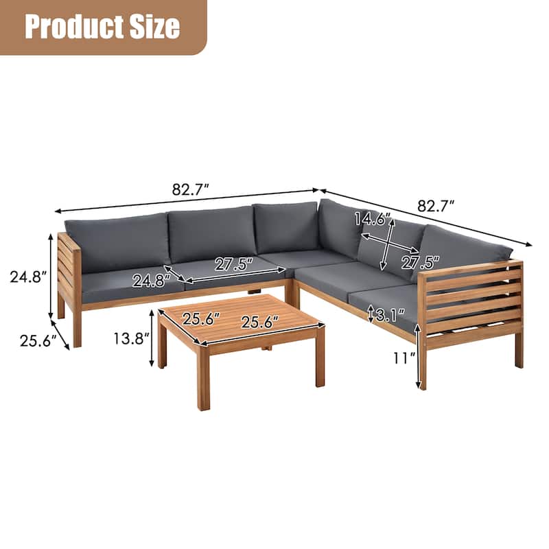 Roomfitters 3-Piece Outdoor Sectional Sofa Set with Coffee Table, Solid Wood Frame L-Shaped Patio Furniture