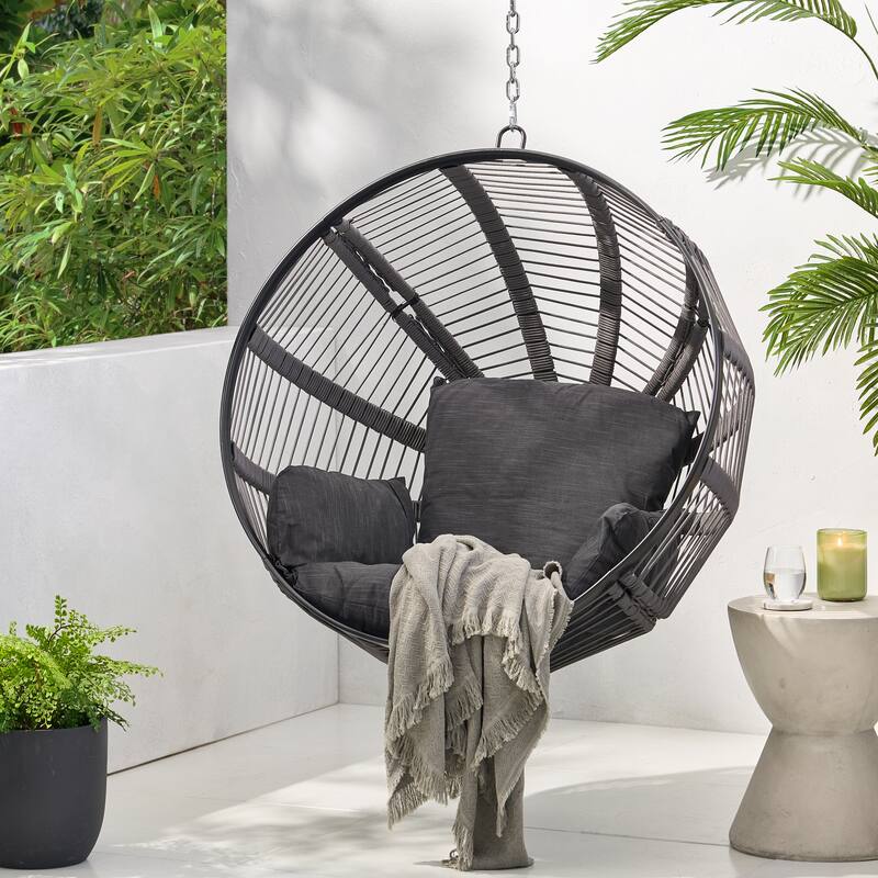 Roomfitters Modern Round Hanging Basket Swing, Large Spherical Wicker Frame with Plush Cushions for Outdoor Patio Seating, Black