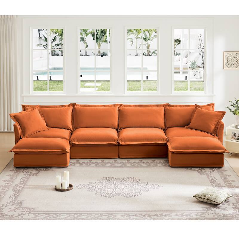 Wide & Deep 4- Seat Slipcovered U-Shape Chenille Sectional Sofa Couch