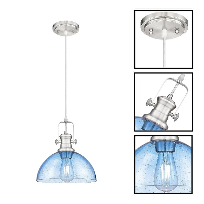 10.5” Hanging light blue glass, brushed nickel dining room lighting glass, metal pendant light