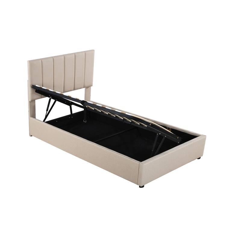 Twin Platform Bed with Hydraulic Lift, Stripe Headboard & Storage