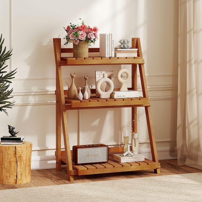 Natural Solid Wood 3-Tier Ladder Plant Stand Foldable Display Rack - 24" x 15" x 34"
