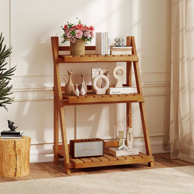 Gymax 3-Tier Wood Plant Stand Folding Flower Rack w/Ladder Design