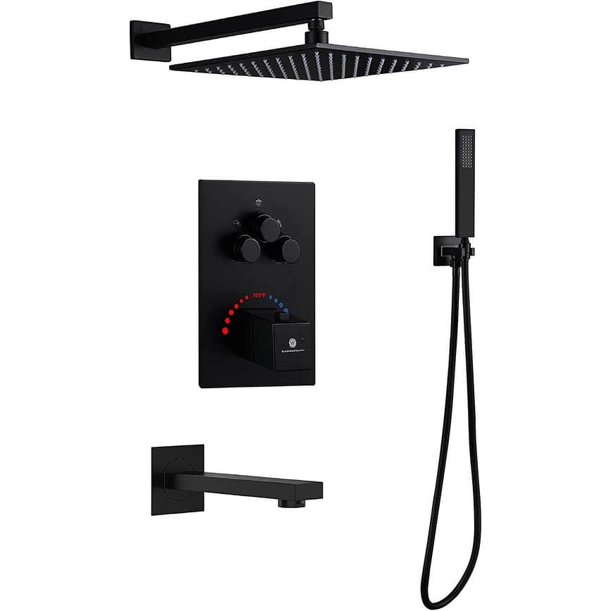 Matte Black Wall Mount 16" Rainfall Head 3 Way Thermostatic Shower Faucet Set with Tub Spout - Matte Black