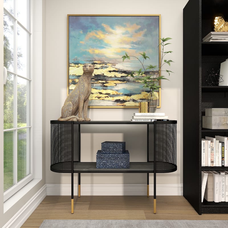 Black Metal Mesh Side Panel 1 Shelf Console Table with Open Center Storage
