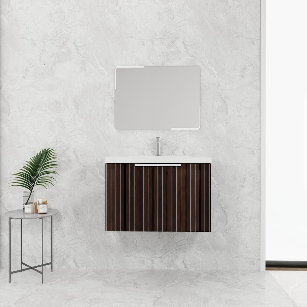 29.5-Inch Wall-Mounted Bathroom Vanity with Silver-Brown Stripe Design, Soft-Closing Hinges, Resin Sink - 29.5in L Plywood