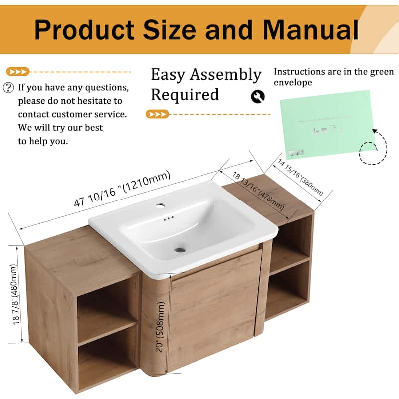 Malwee 24"/36"/48"/60" Floating Bathroom Vanity, Wall Mounted Bathroom Vanity with Ceramic Sink,Soft Close Door and Shelf
