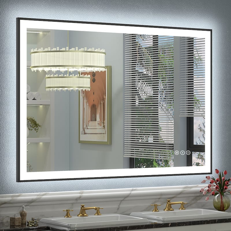 Front & Back LED Anti-Fog Tempered Glass Framed Bathroom/Vanity Mirror 3-Year Warranty - 48" x 36"-Square Corner - Black