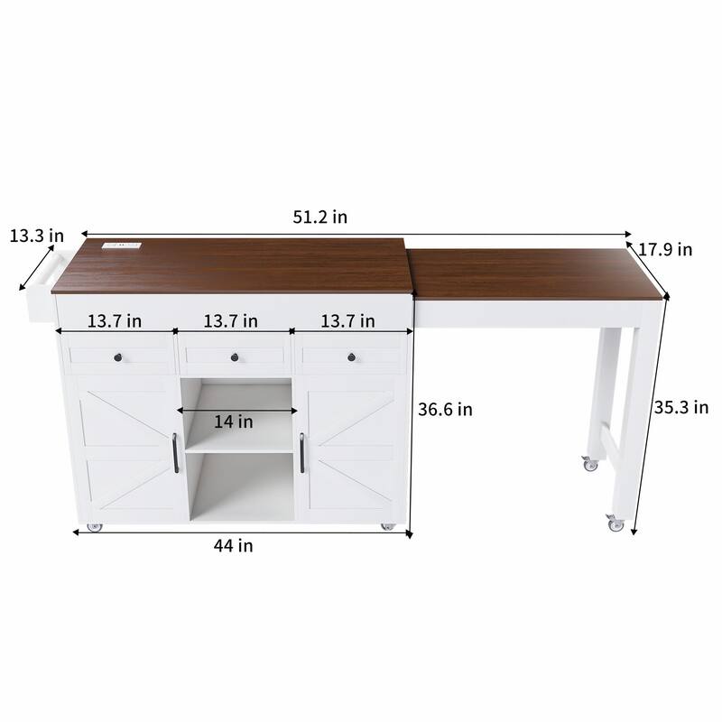 Kitchen Island Cart with Extendable Table, Wheels, Drop Leaf & Storage