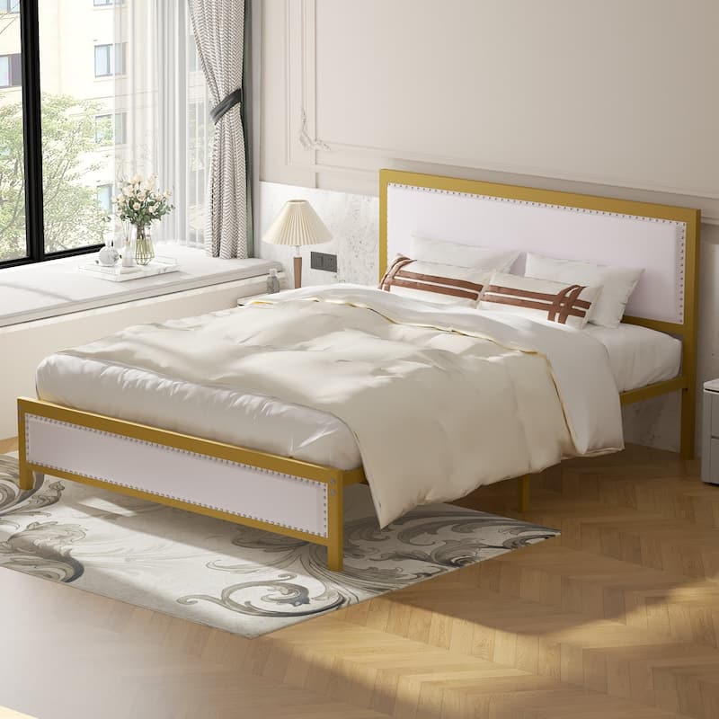 VECELO Bed Frame with Upholstered Linen Headboard and Footboard Heavy-Duty Platform with Strong Metal Slats