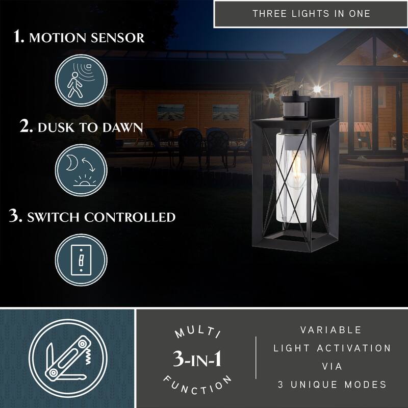 Milton Matte Black Motion Sensor Dusk to Dawn Outdoor Wall Light Transitional Clear Glass - 6-in W x 14-in H x 7-in D - 6-in W x 14-in H x 7-in D - Matte Black