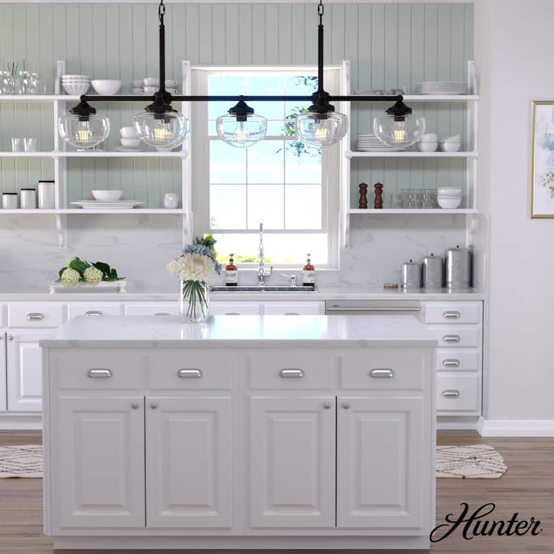Hunter Saddle Creek Linear Chandelier, Clear Glass, Dining Room Table, Kitchen Island