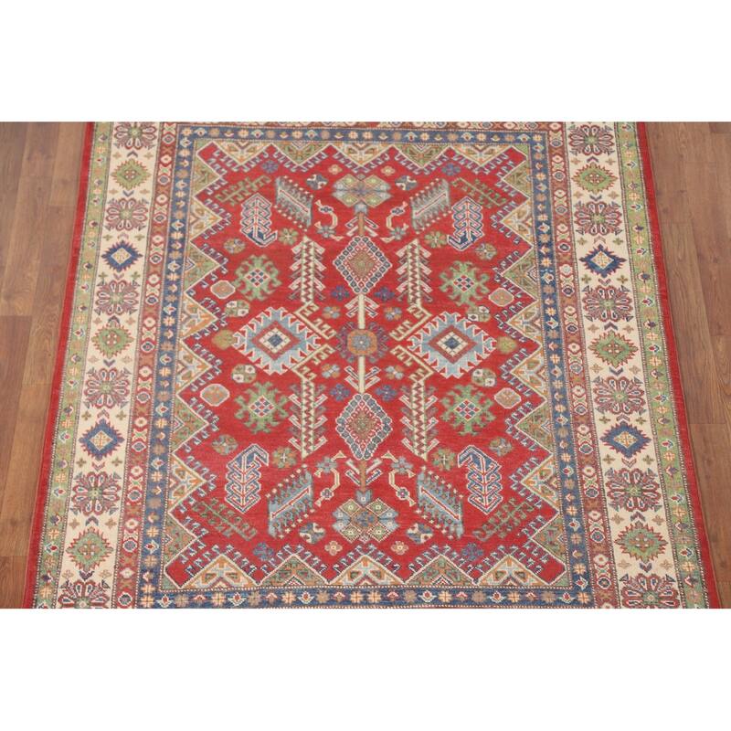 Geometric Kazak Area Rug Hand-Knotted Oriental Wool Carpet - 4'11" x 6'3"