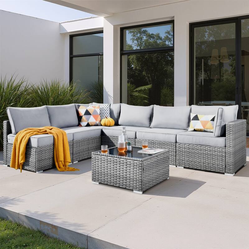 XIZZI 7-Piece Outdoor Patio Wicker Sectional Set with Coffee Table - Grey