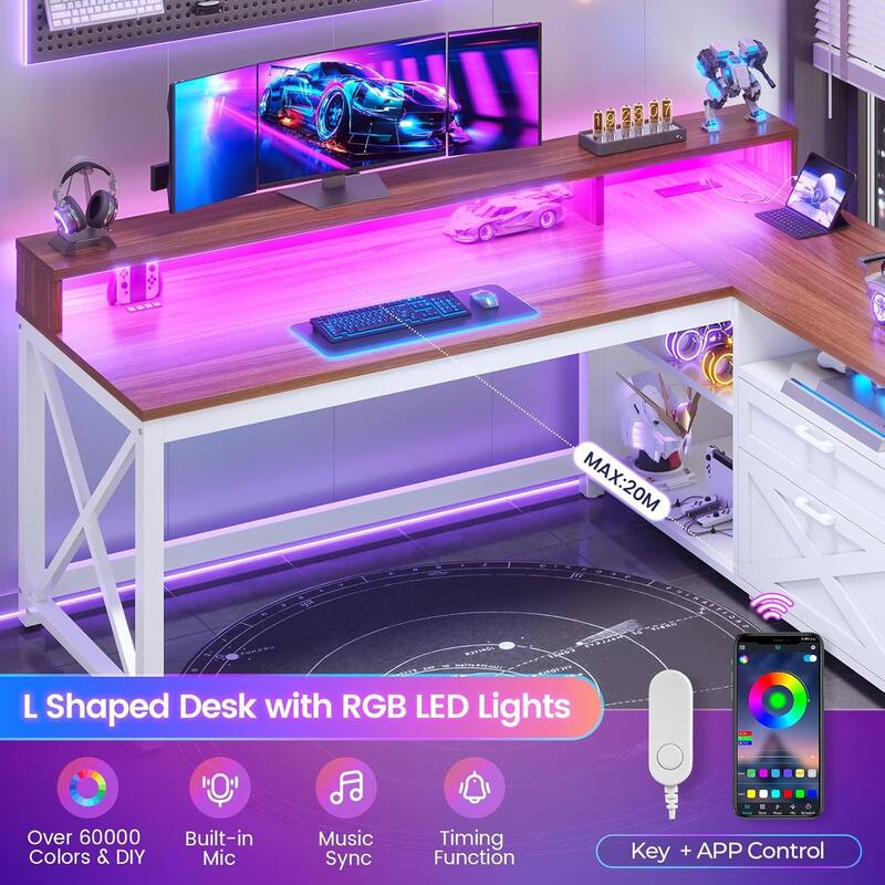 L Shaped Desk 55" Home Office Desk Drawers Storage Shelves