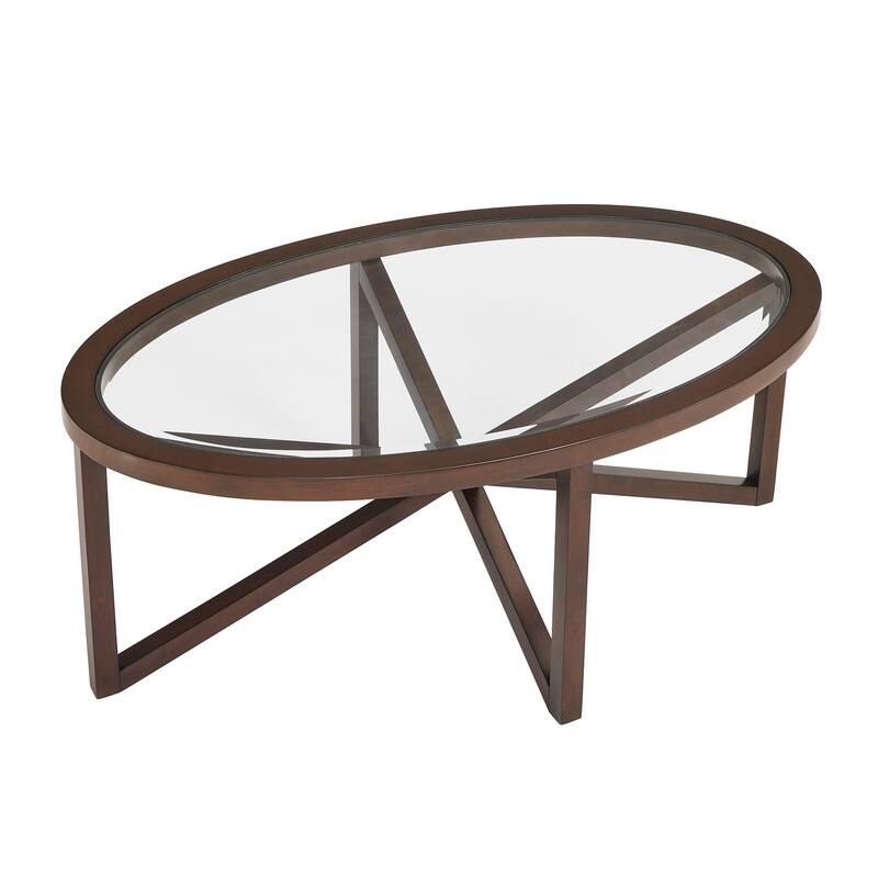Roomfitters Modern Round Tempered Glass Coffee Table with Solid Wood Base, Clear Top Accent Table for Living Room