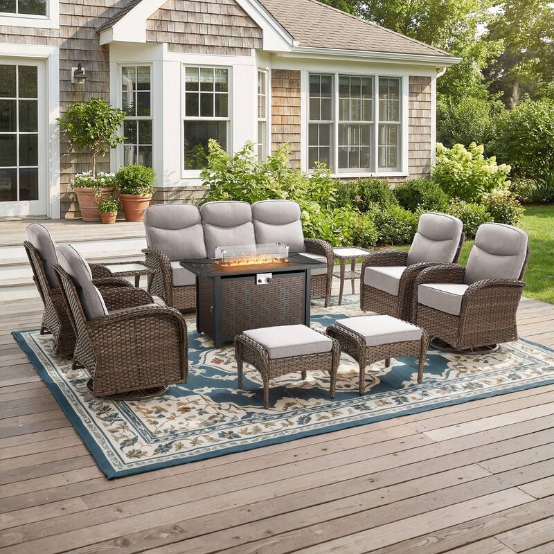 Pocassy Outdoor Sofa Swivel Chair and Ottman with Fire Pit Table - Brown Wicker Beige Cushion - 10PCS Sofa Swivel Chiar Ottoman with Fire Table