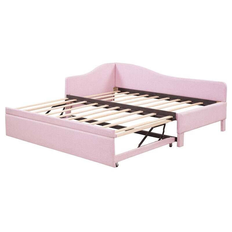 Twin Size L-Shaped Upholstered Daybed with Pull-Out Trundle, Linen Fabric, Convertible to Irregular King