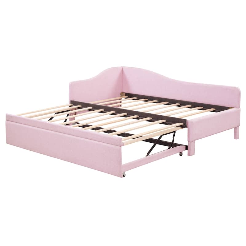 Twin Size Upholstered L-Shaped Upholstered Daybed with Pop Up Trundle, Pink