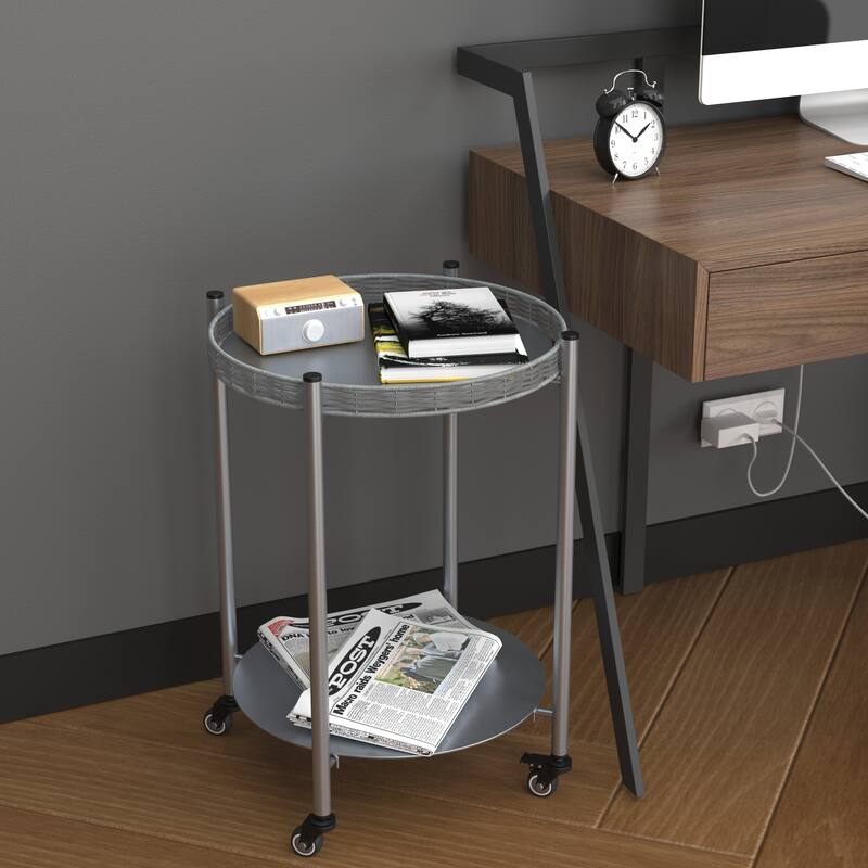 Round Coffee Table with Wheels 2-Tier Movable Silver Metal Bedside Nightstand Sofa Side Table