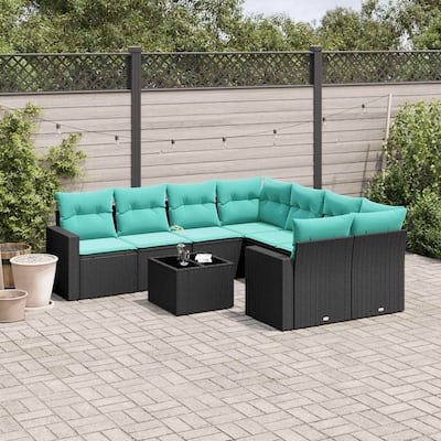 vidaXL 9 Piece Patio Sofa Set with Cushions Black Poly Rattan - 24.4" x 24.4" x 27.2"