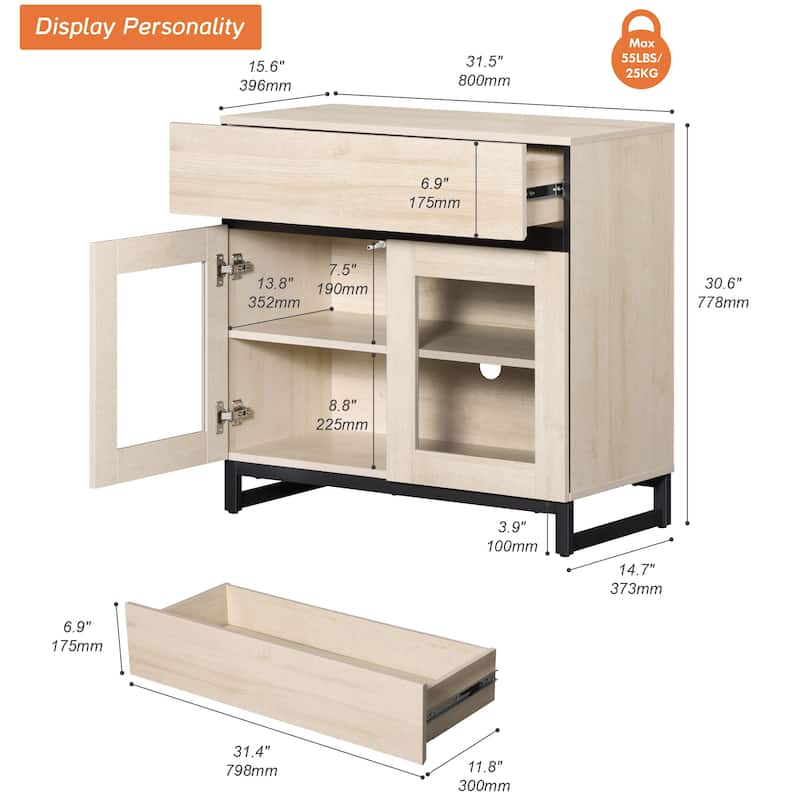 Modern Dresser With Glass Doors, Drawer, And Adjustable Shelf - Multifunctional Storage Cabinet For Living Room Or Bedroom
