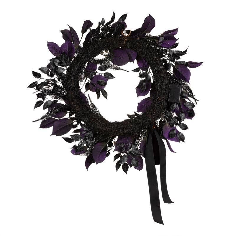 National Tree Company 26" Artificial Floral Mini Skull Wreath, 30 Purple LED Lights, Battery Operated - 26 in