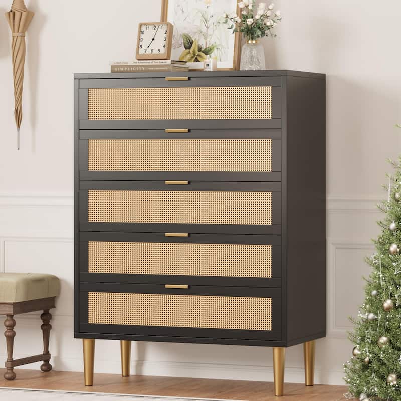 Rattan 5 Drawer Dresser, 44'' Tall Narrow Chest, Farmhouse Vertical Dresser with Metal Legs and Handles - Black