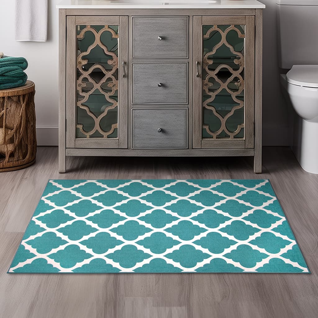 My Magic Carpet Machine Washable Area Rug Moroccan Trellis Teal