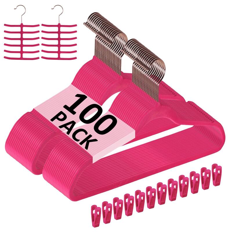 Javlergo 50/100 Pack Velvet Hangers, Heavy Duty Non Slip & Space-Saving Cloth Hangers with 6 Finger Clips & Tie Rack