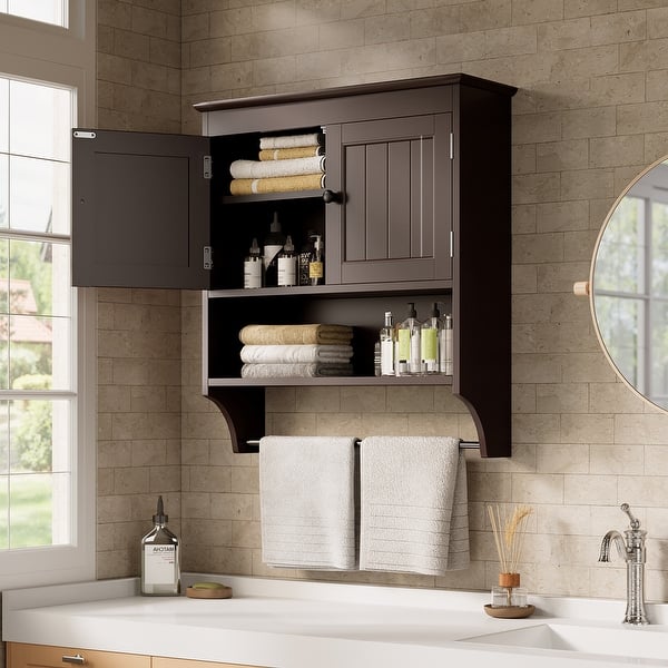 Bathroom Wall Cabinet with Towels Bar, Space Saver Over Toilet Storage Cabinet with 2 Door and Adjustable Shelves - Dark Brown