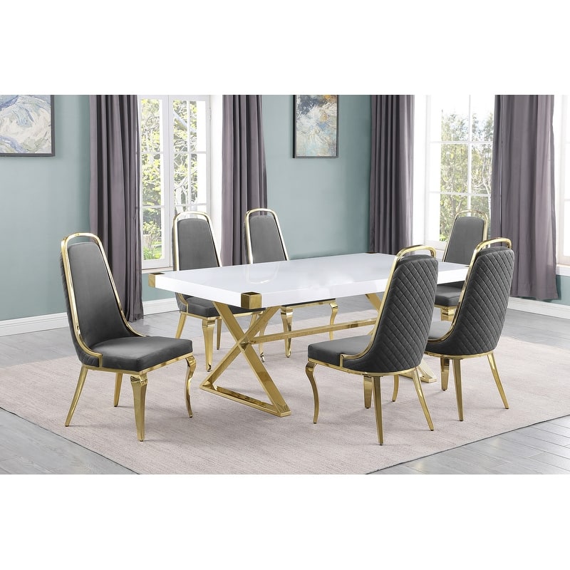 Best Quality Furniture D440/1-SC310-7 Dining Set with 78" White Lacquer Wood Top - 7-Piece - Dark Grey / Gold