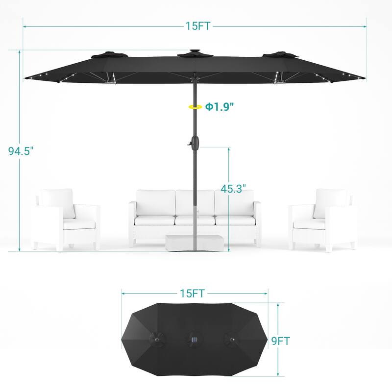 BONOSUKI 15x9ft LED Double-Sided Patio Umbrella Aluminum Large Canopy
