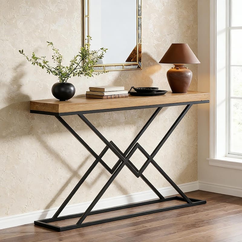 43" Inch Solid Wood Console Tables for Entryway - 47.24" W x 11.81" D x 31.5" H - Light Brown + Black