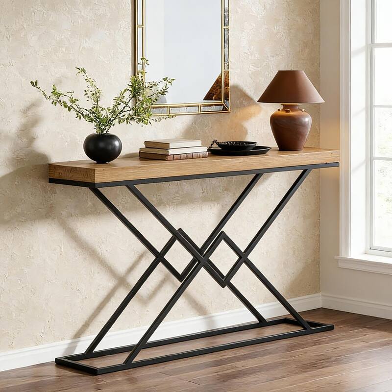 43.2" Solid Wood Console Table with Stylish Geometric Metal Base