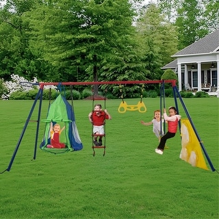 Interesting four function swingset with net swing and face to face metal plastic safe swing seat for age 3+