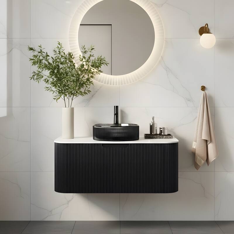 Wall Mounted Bathroom Vanity with Transparent Black Round Glass Basin - 36 - Black