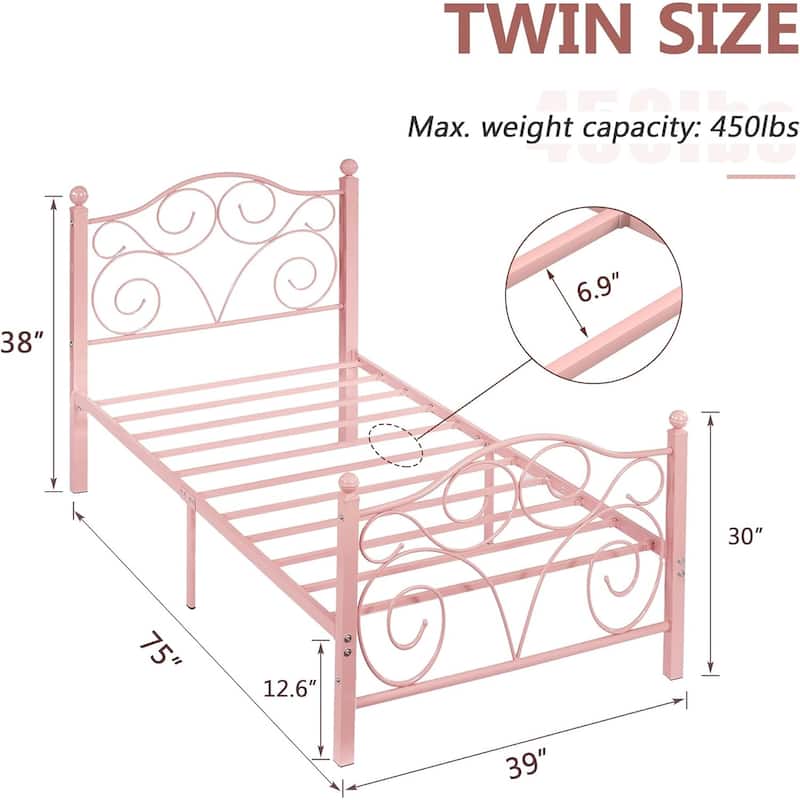 VECELO Twin Size Bed Frame with Headboard and Footboard, Heavy Duty Metal Slat Support
