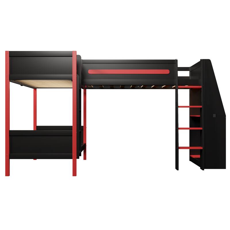 Gamer-Inspired Design L-Shaped Twin Over Twin Bunk Bed Teens Gaming Loft Bed with Desk, Shelves and LED Strip Lighting for Boys