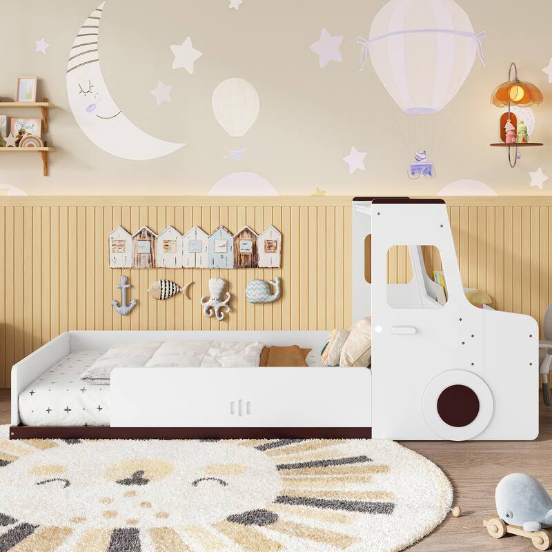 Twin Size Floor Bed with Interesting Car-shape Design, Kids Car Floor Bed with Storage Drawers, Window