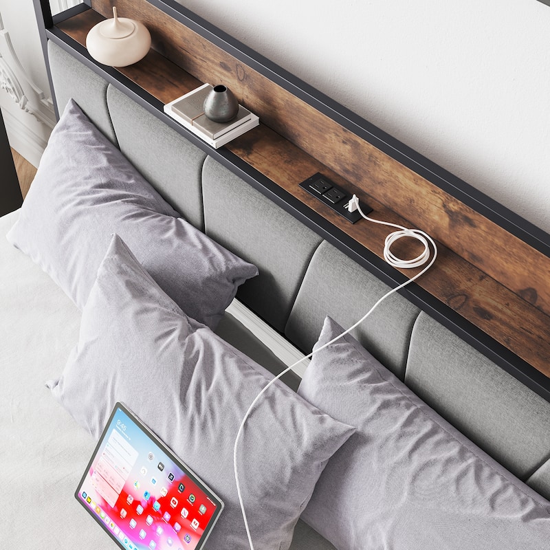 Queen Size Bed with Storage Headboard, Drawers & Charging Station