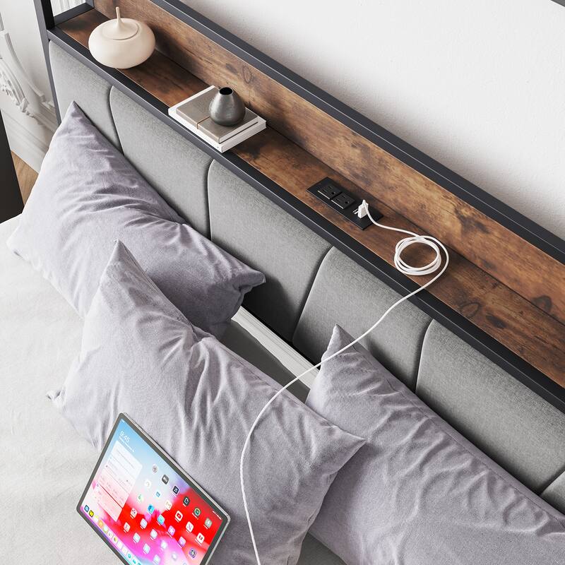 Rustic Platform Bed Metal Slat Bed Frame Mattress Foundation with Charging Station and Upholstered Headboard