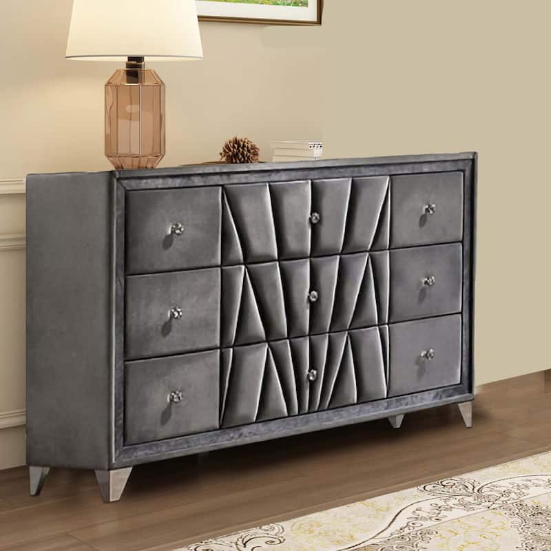 9 Drawer Fabric Frame Dresser with Tufted Accents and Acrylic Knob, Gray